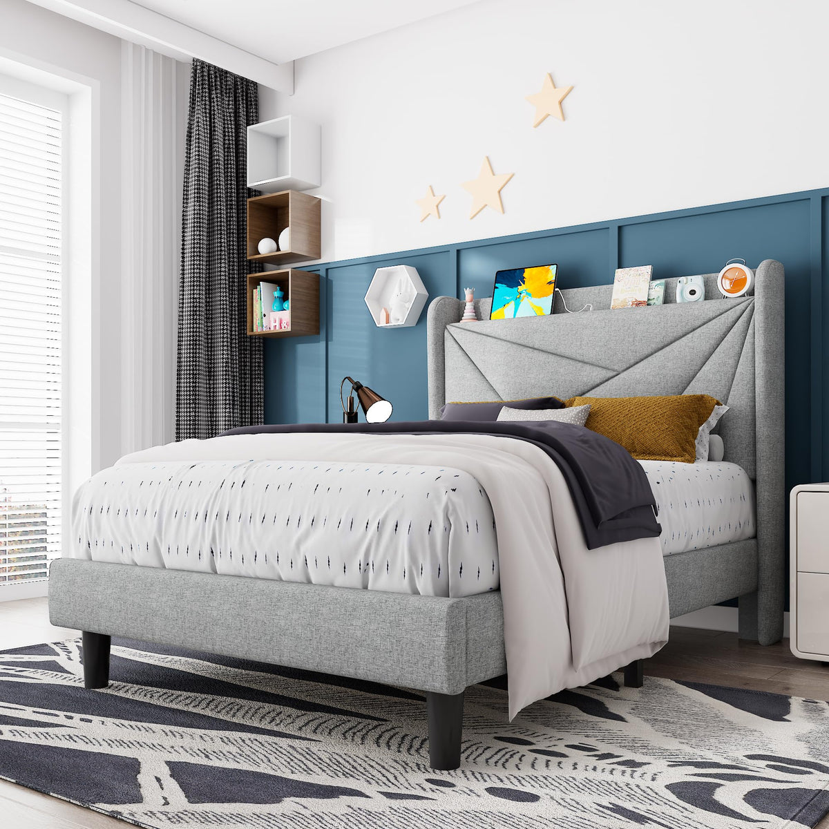 Light Gray Upholstered Twin Bed Frame with Storage Headboard T37526