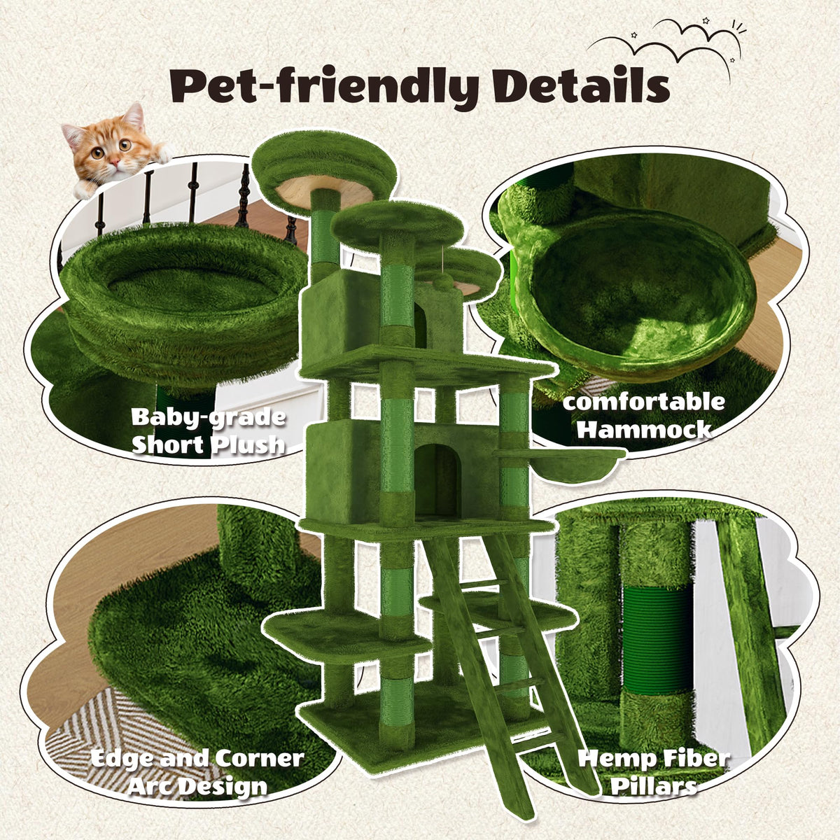 70.87'' Cat Tree Tower with Scratching Post and Hanging Hammock R7379