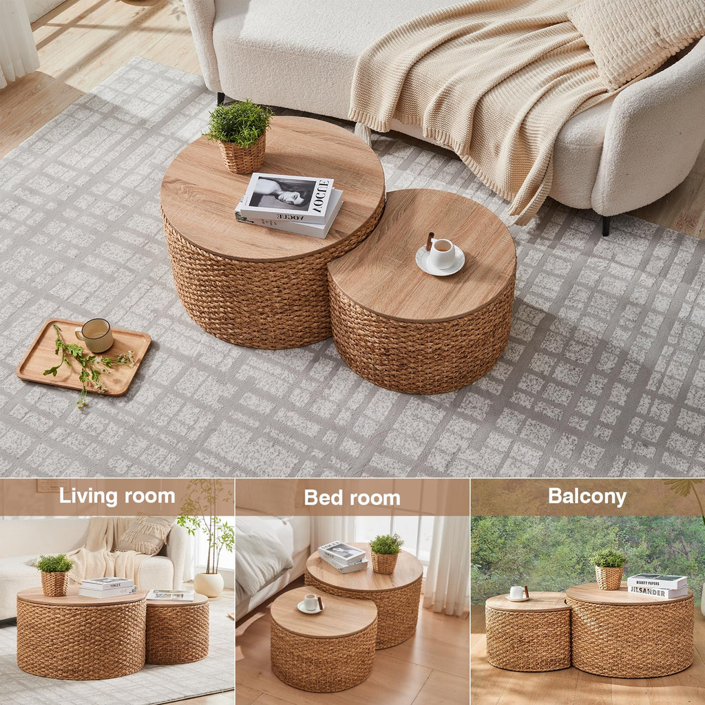 Round Nesting Coffee Table Set of 2 with Storage Wicker Rattan Wood Frame H347