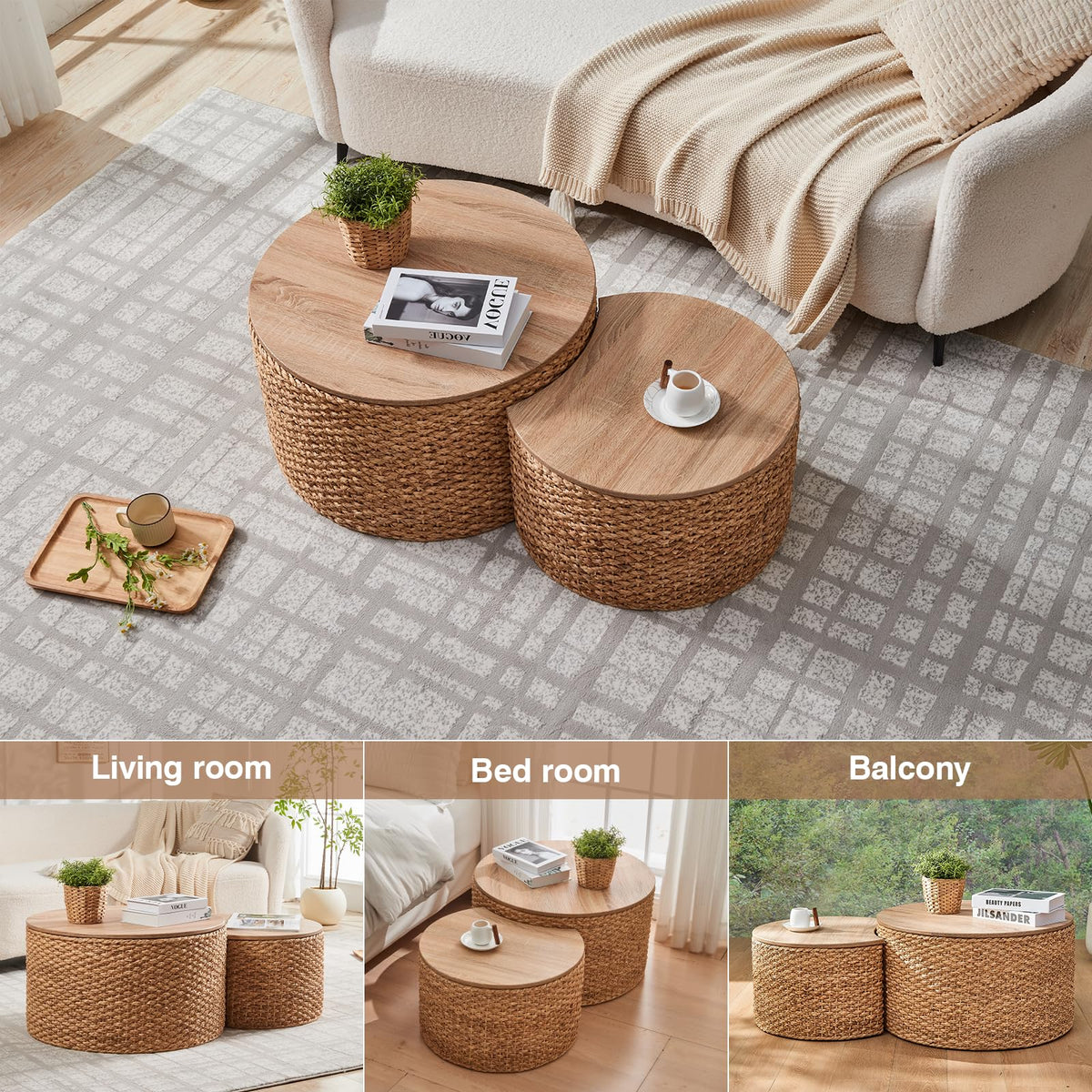 Round Nesting Coffee Table Set of 2 with Storage Wicker Rattan Wood Frame H347