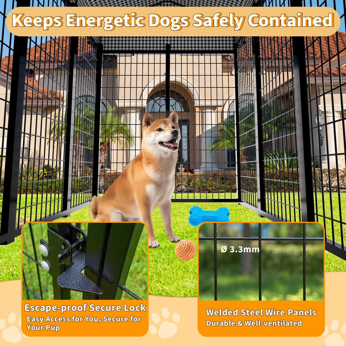 Large Heavy-Duty Dog Kennel with Roof, 4x8x6 Ft N97453