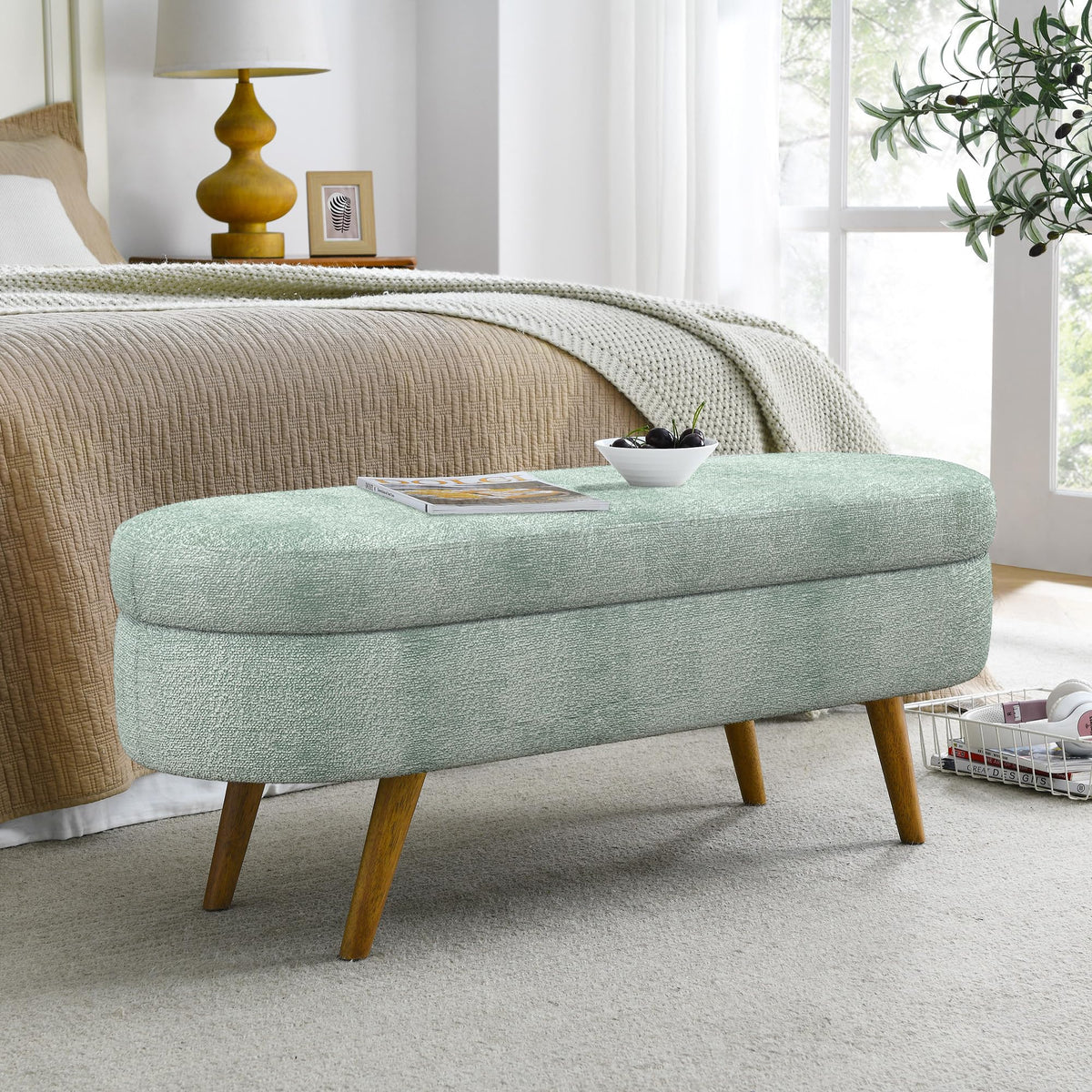 Oval Storage Bench with Rubber Wood Legs Gray Z80629